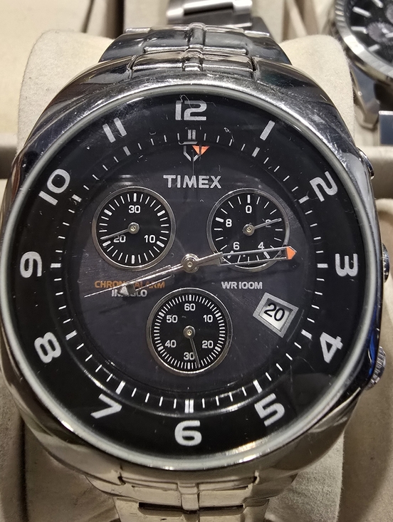 Timex Other - Timex Black Dial Stainless Steel, Indiglo Chrono Alarm Watch with Orange Accents